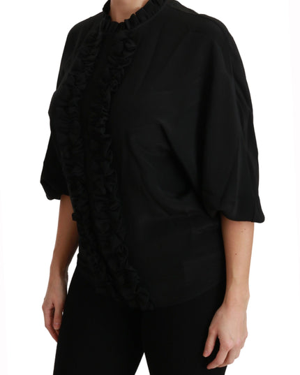 Dolce & Gabbana Black Silk Shirt Ruffled Top Blouse
