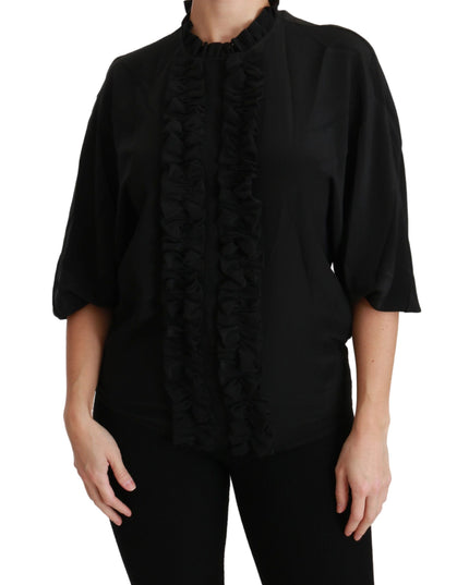 Dolce & Gabbana Black Silk Shirt Ruffled Top Blouse
