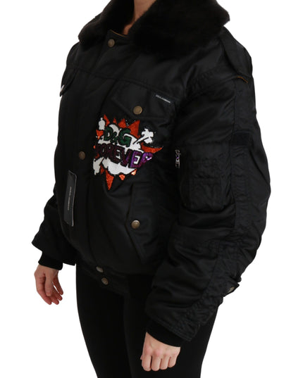 Dolce & Gabbana Black Queen Crown Sequined Bomber Jacket