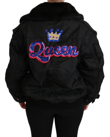 Dolce & Gabbana Black Queen Crown Sequined Bomber Jacket