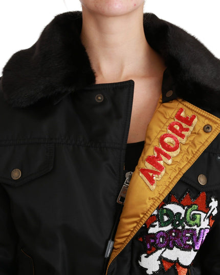 Dolce & Gabbana Black Queen Crown Sequined Bomber Jacket