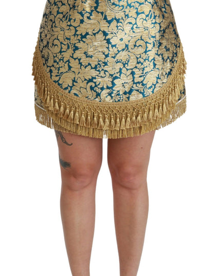 Dolce & Gabbana Blue High Waist Jacquard Tassel Gold Skirt