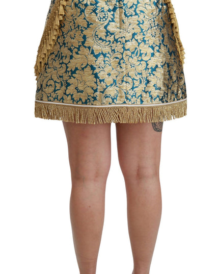 Dolce & Gabbana Blue High Waist Jacquard Tassel Gold Skirt