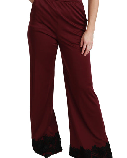 Dolce & Gabbana Black Lace High Waist Wide Leg Maroon  Pants