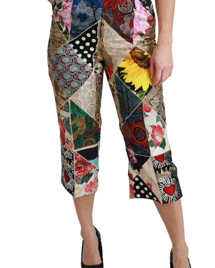 Dolce & Gabbana Silk Multicolor Print High Waist Cropped Pants