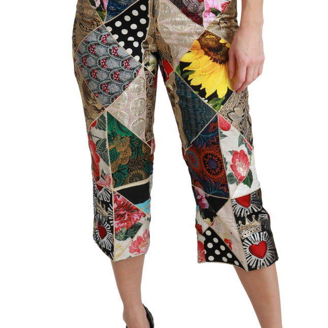 Dolce & Gabbana Silk Multicolor Print High Waist Cropped Pants