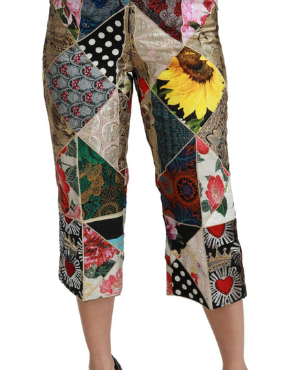 Dolce & Gabbana Silk Multicolor Print High Waist Cropped Pants