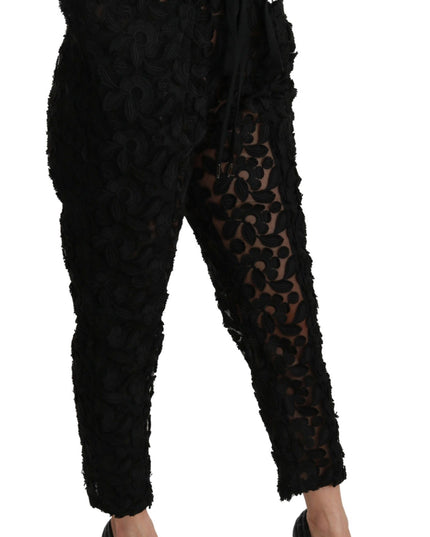 Dolce & Gabbana Black Floral Lace Tapered High Waist Pants