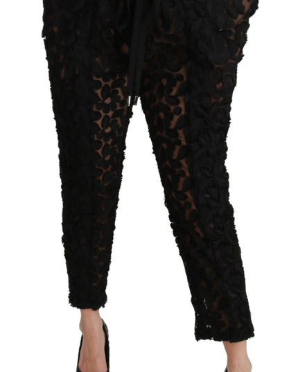 Dolce & Gabbana Black Floral Lace Tapered High Waist Pants