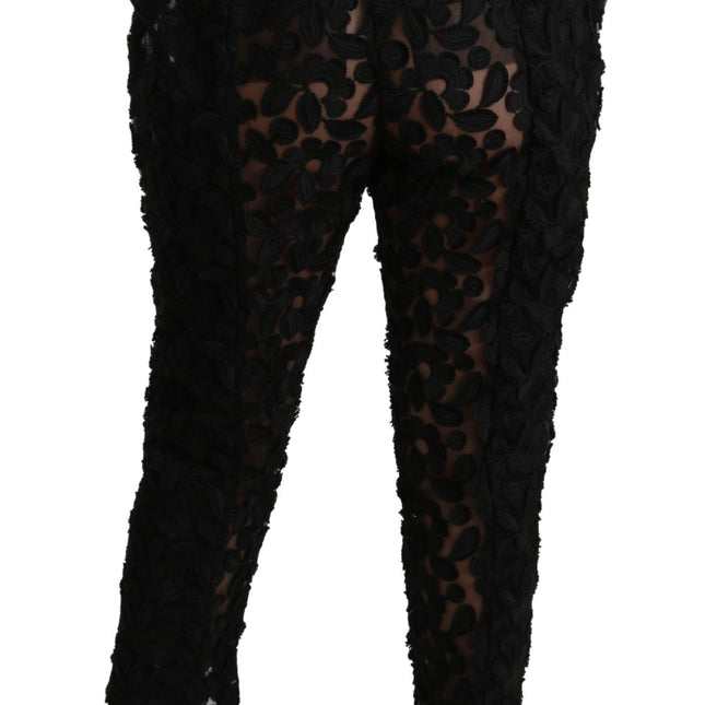 Dolce & Gabbana Black Floral Lace Tapered High Waist Pants
