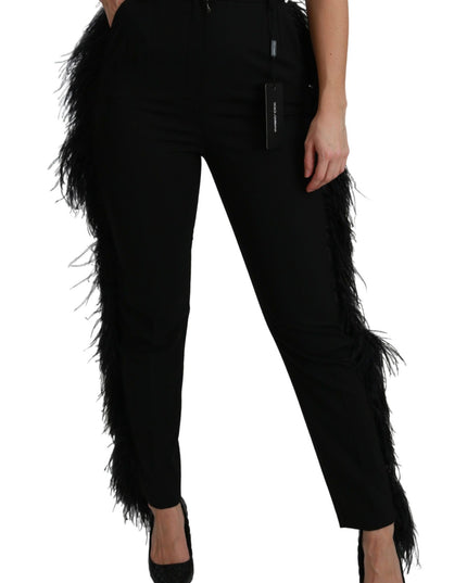 Dolce & Gabbana Black Feather Straight High Waist Wool Pants