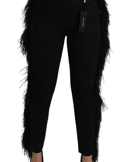 Dolce & Gabbana Black Feather Straight High Waist Wool Pants