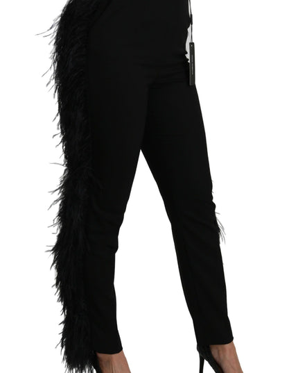Dolce & Gabbana Black Feather Straight High Waist Wool Pants