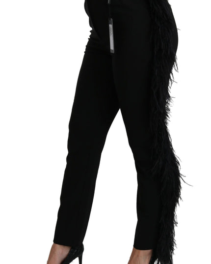Dolce & Gabbana Black Feather Straight High Waist Wool Pants