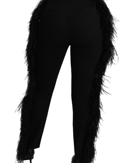 Dolce & Gabbana Black Feather Straight High Waist Wool Pants