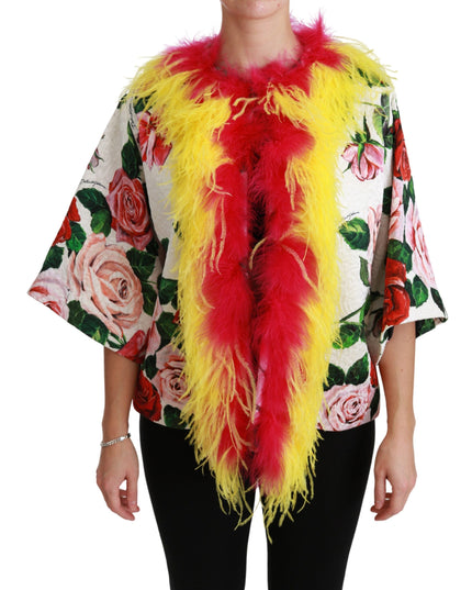 Dolce & Gabbana White Floral Coat Capte Fur Roses Jacket