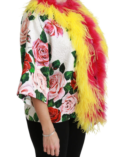 Dolce & Gabbana White Floral Coat Capte Fur Roses Jacket