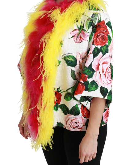 Dolce & Gabbana White Floral Coat Capte Fur Roses Jacket