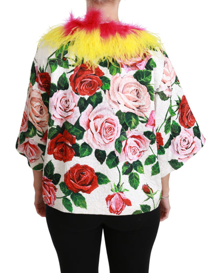 Dolce & Gabbana White Floral Coat Capte Fur Roses Jacket