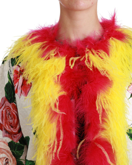 Dolce & Gabbana White Floral Coat Capte Fur Roses Jacket
