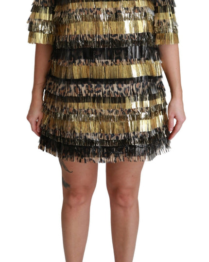 Dolce & Gabbana Polyester Black Gold Leopard Shift Mini Dress