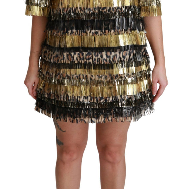 Dolce & Gabbana Polyester Black Gold Leopard Shift Mini Dress