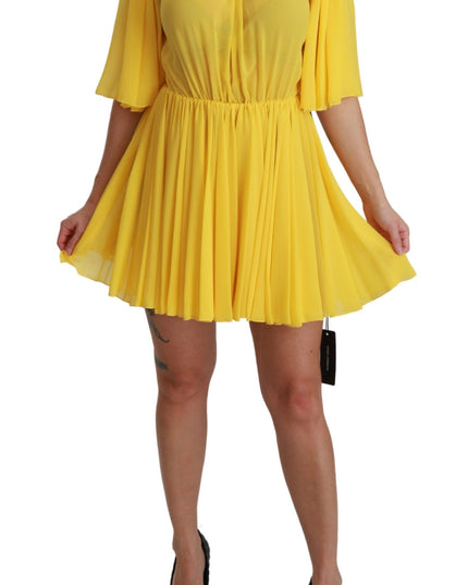 Dolce & Gabbana Yellow Pleated A-line Mini 100% Silk Dress