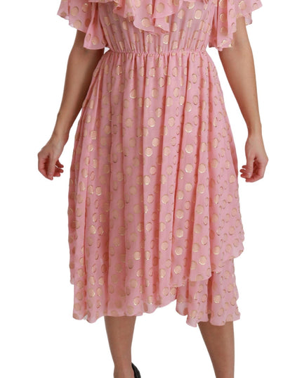 Dolce & Gabbana Silk Pink Polka Dots Pleated A-line Midi Dress