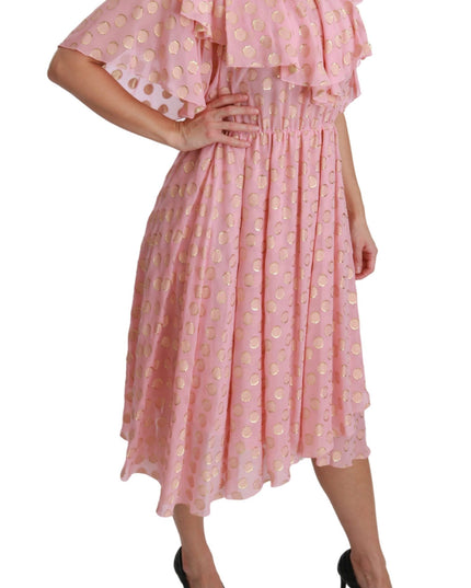 Dolce & Gabbana Silk Pink Polka Dots Pleated A-line Midi Dress