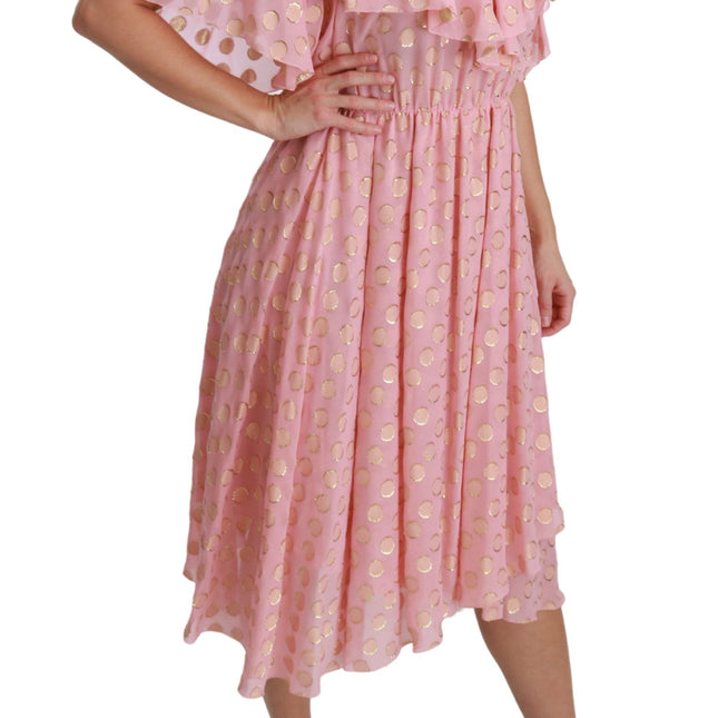 Dolce & Gabbana Silk Pink Polka Dots Pleated A-line Midi Dress