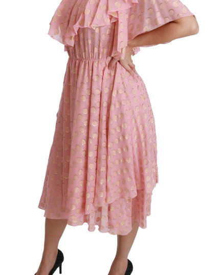 Dolce & Gabbana Silk Pink Polka Dots Pleated A-line Midi Dress