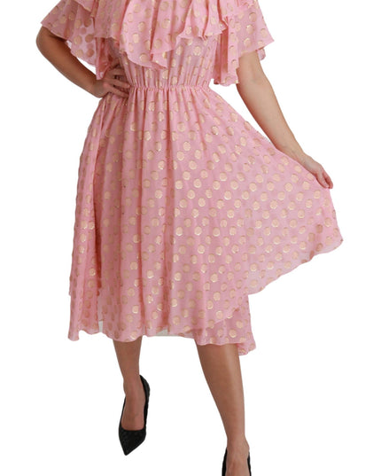 Dolce & Gabbana Silk Pink Polka Dots Pleated A-line Midi Dress