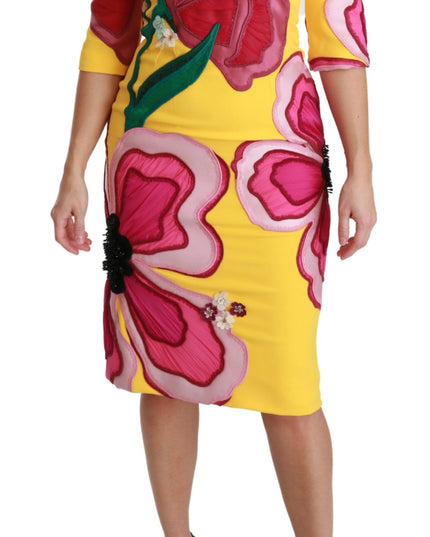 Dolce & Gabbana Yellow Floral Crystal Bodycon Sheath Dress