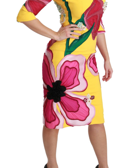 Dolce & Gabbana Yellow Floral Crystal Bodycon Sheath Dress