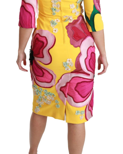 Dolce & Gabbana Yellow Floral Crystal Bodycon Sheath Dress