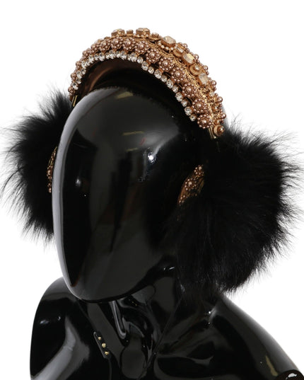 Dolce & Gabbana Gold Black Crystal Fur Headset Audio Headphones