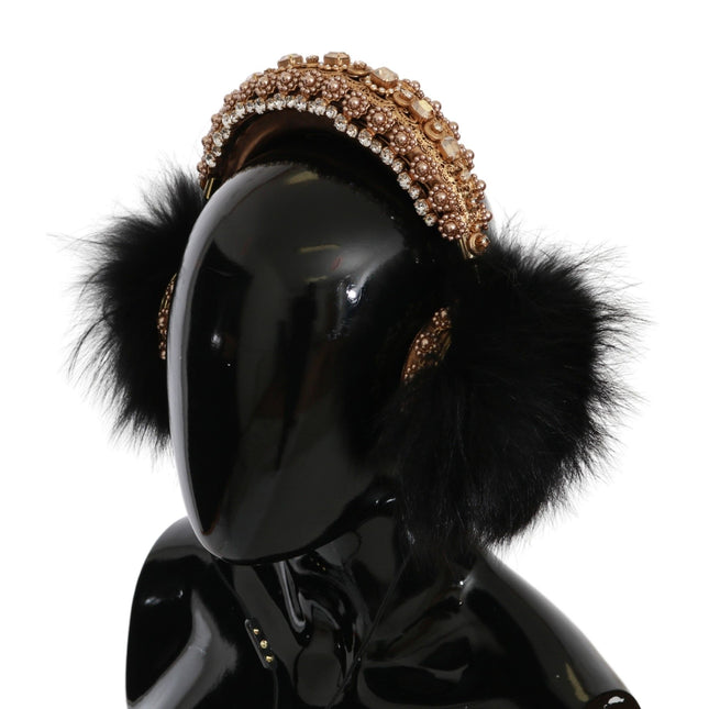 Dolce & Gabbana Gold Black Crystal Fur Headset Audio Headphones