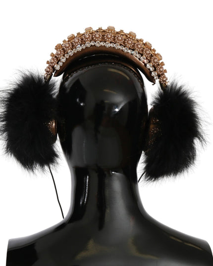 Dolce & Gabbana Gold Black Crystal Fur Headset Audio Headphones