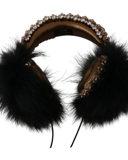 Dolce & Gabbana Gold Black Crystal Fur Headset Audio Headphones