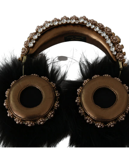 Dolce & Gabbana Gold Black Crystal Fur Headset Audio Headphones