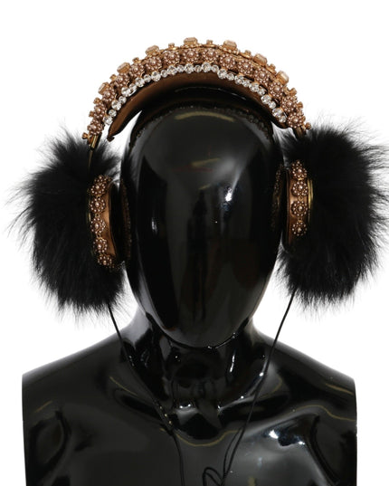 Dolce & Gabbana Gold Black Crystal Fur Headset Audio Headphones