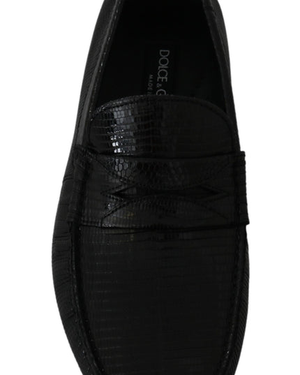 Dolce & Gabbana Black Lizard Leather Flat Loafers Shoes