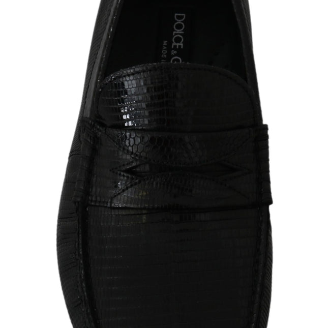 Dolce & Gabbana Black Lizard Leather Flat Loafers Shoes