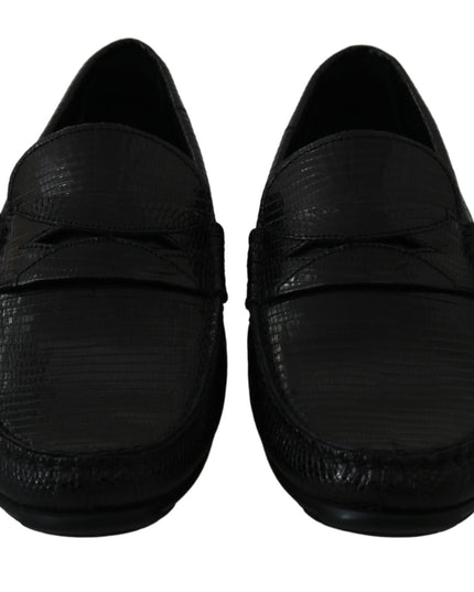 Dolce & Gabbana Black Lizard Leather Flat Loafers Shoes