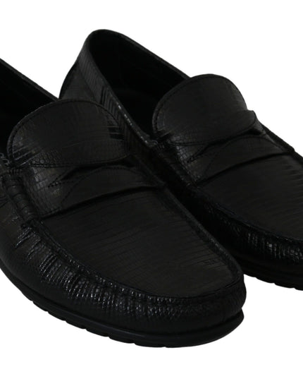 Dolce & Gabbana Black Lizard Leather Flat Loafers Shoes