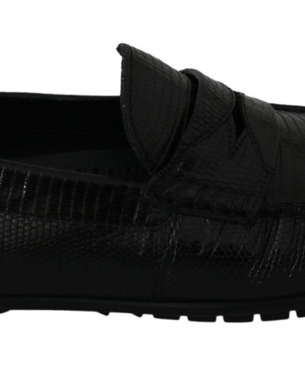 Dolce & Gabbana Black Lizard Leather Flat Loafers Shoes