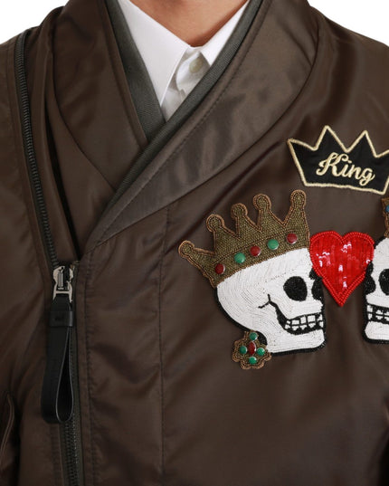 Dolce & Gabbana Brown Beaded Crown Skull Logo Jacket