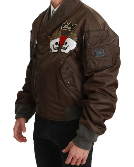Dolce & Gabbana Brown Beaded Crown Skull Logo Jacket