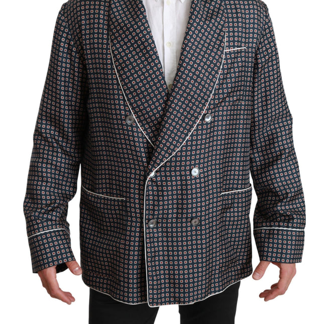Dolce & Gabbana Navy Blue Patterned Double Breasted Coat Jacket