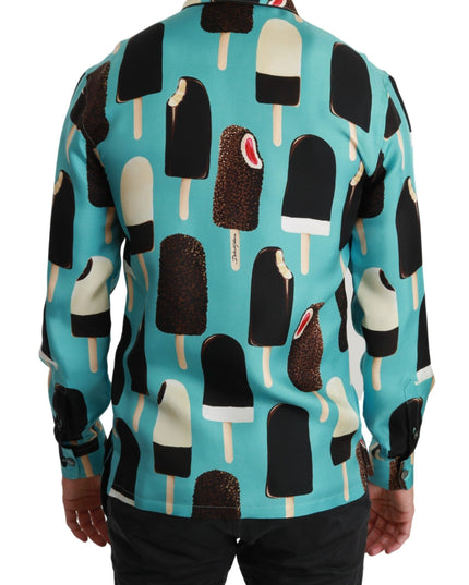 Dolce & Gabbana Blue Silk Ice Cream Print Casual Shirt